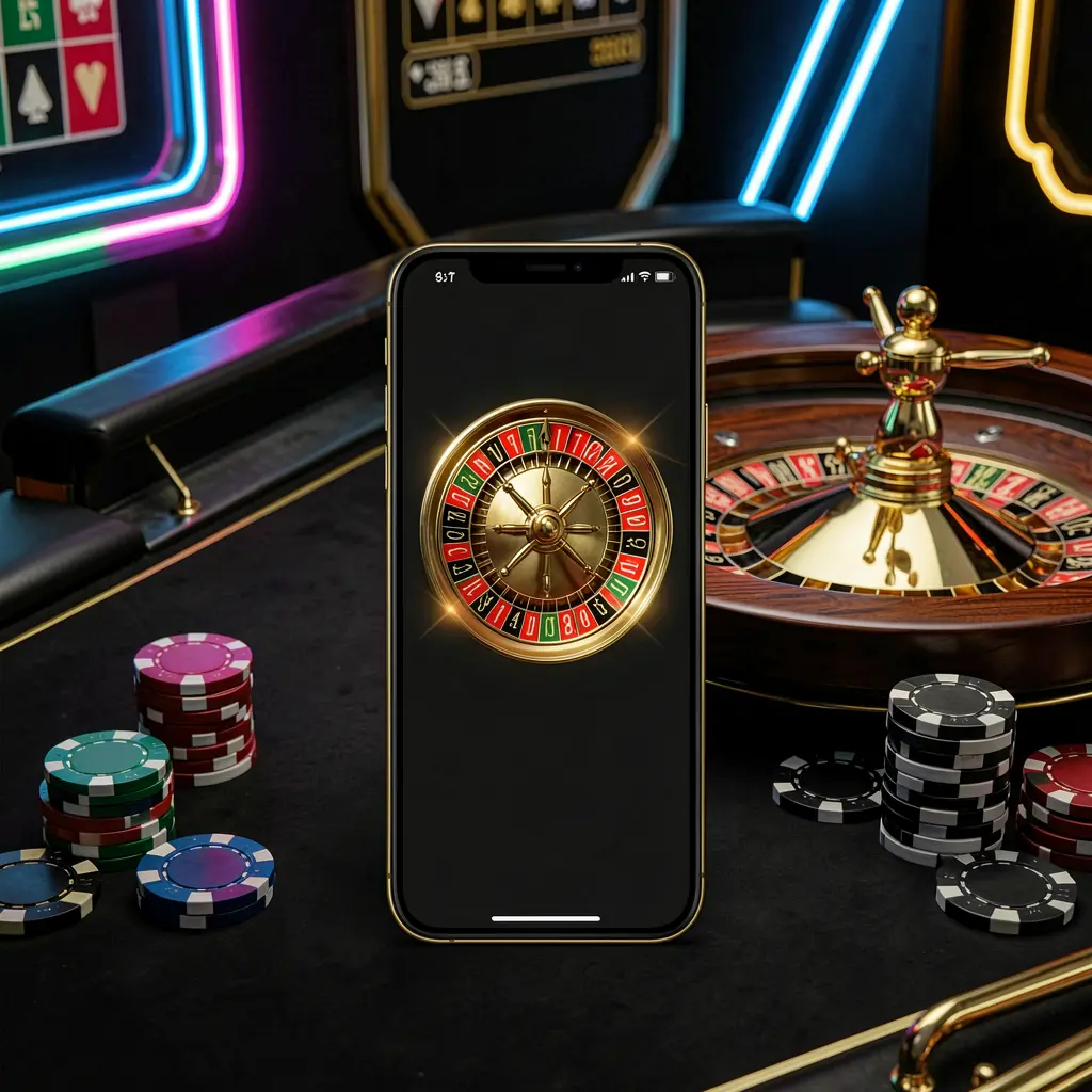 KP1111 mobile casino application scene featuring a phone in the center with a roulette wheel and poker chips in the background, illuminated by glowing neon lights in a premium black and gold style