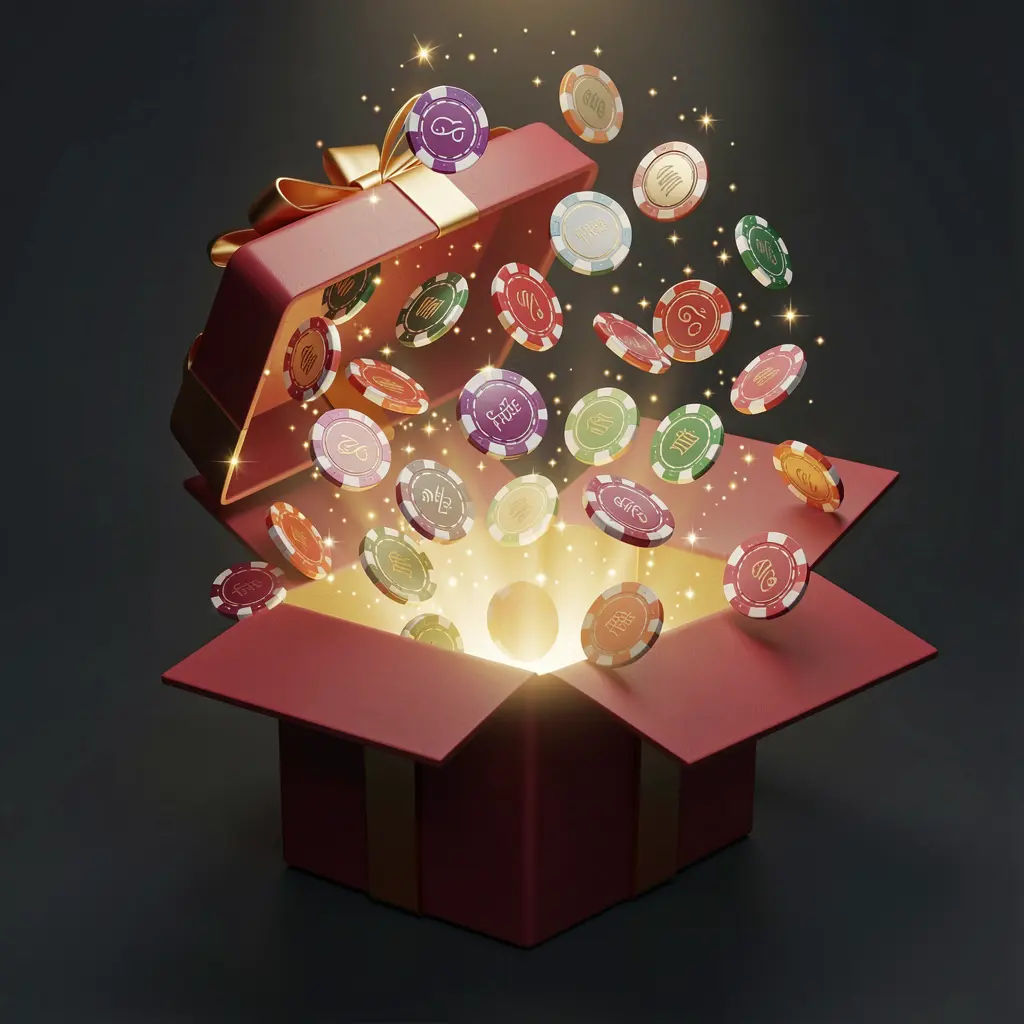 KP1111 no deposit bonus visual showing free casino chips emerging from a glowing gift box with magical sparkles against a dark premium background in a realistic 3D render