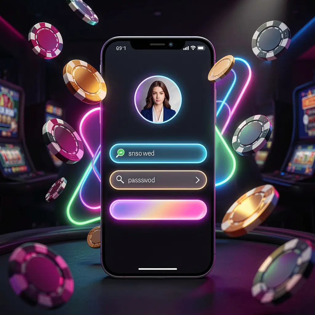 KP1111 mobile casino login screen on a phone with abstract UI shapes for user profile and password fields, neon glow, chips and coins flying around in a dark premium casino atmosphere