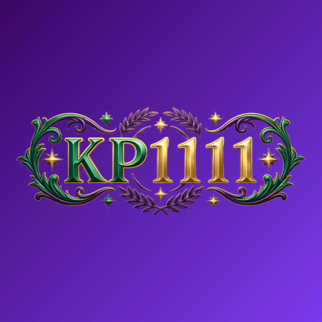 Luxury colorful KP1111 logo with bold serif typography in rich emerald, violet, and gold palette featuring elegant glowing ornaments, designed as a premium horizontal rectangular wordmark logo with a transparent background