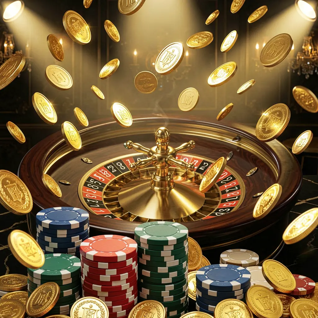 KP1111 online casino main page background featuring dramatic casino lights, golden coins flying, stacked poker chips in the foreground, and a roulette wheel behind in a luxury black and gold atmosphere